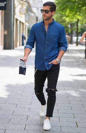 Men denim hot sale shirt outfit