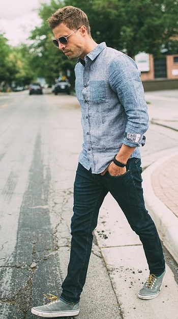 Denim button up hot sale mens outfit