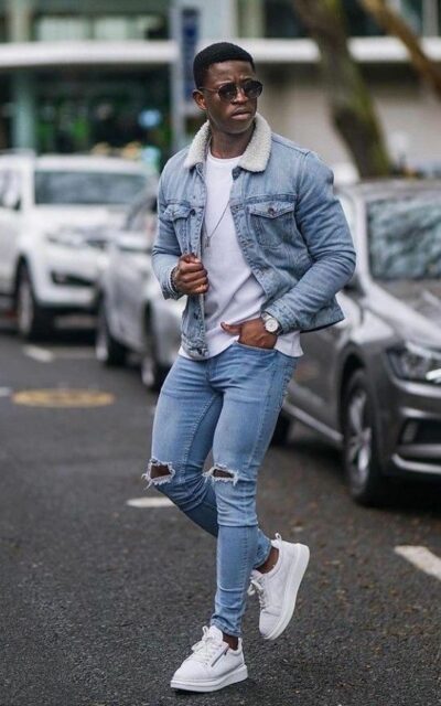 Blue denim jacket style best sale